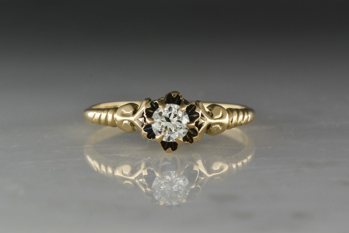 Antique Victorian Rose Gold Buttercup Engagement Ring with Old European Cut Diamond Center