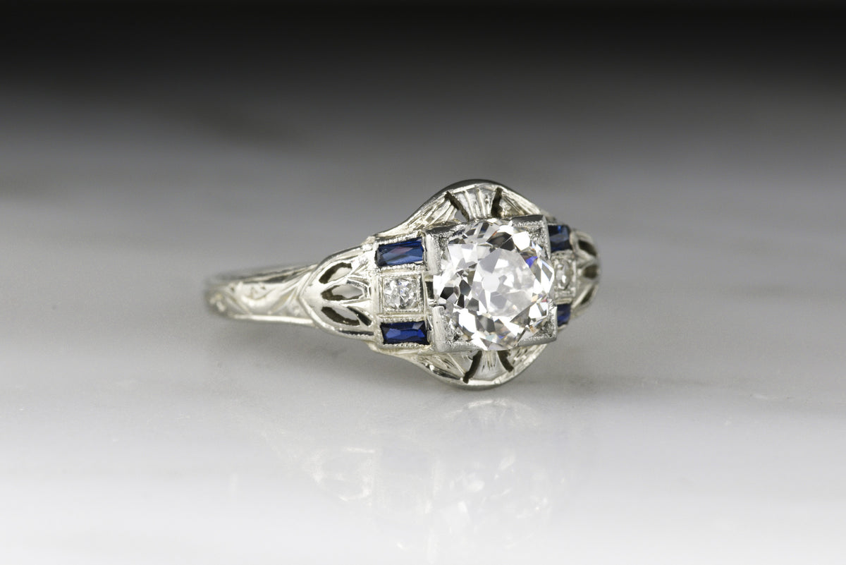 Antique Art Deco Engagement Ring with Old European Cut Diamond Center and French Cut Sapphire Baguettes