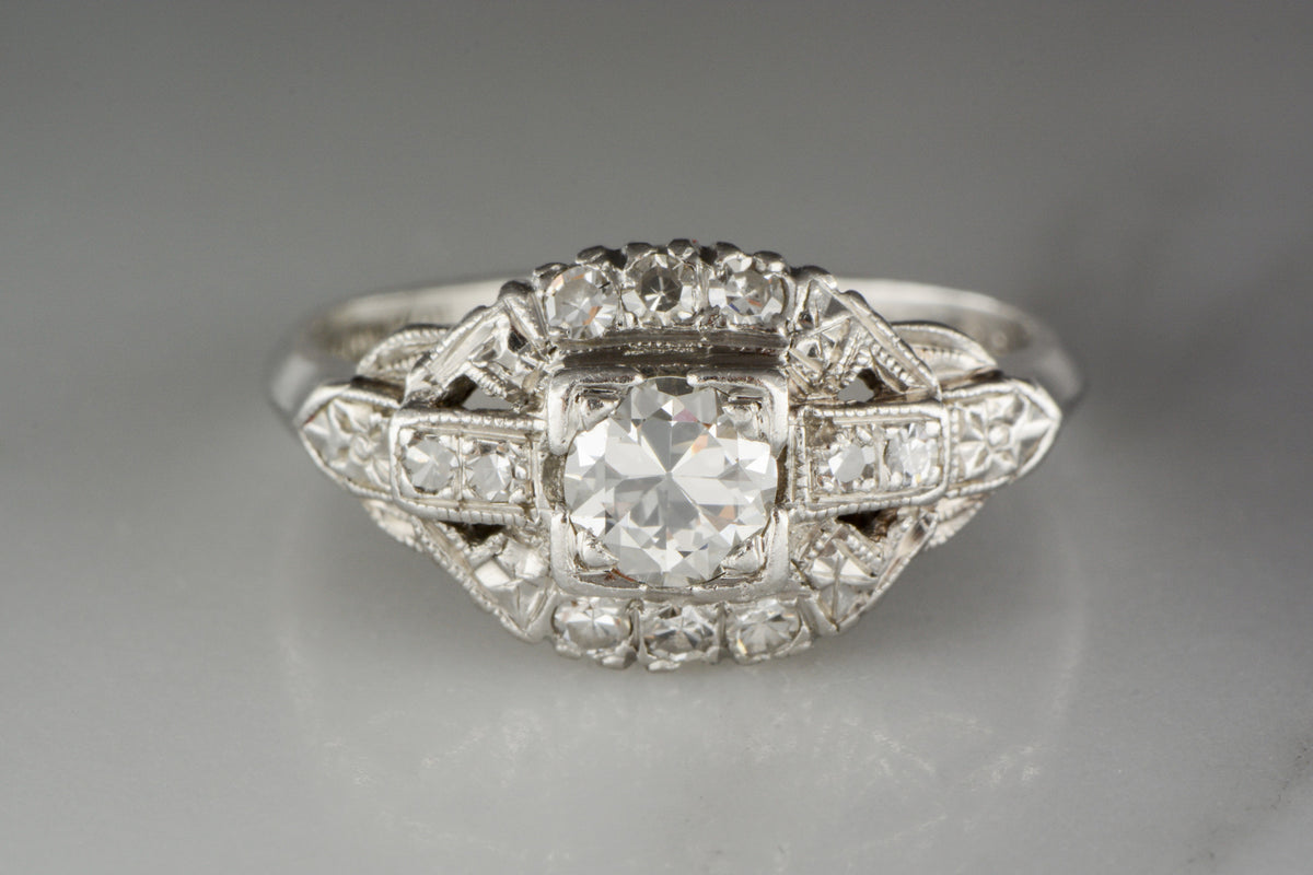 Platinum Art Deco Engagement, Anniversary, or Cocktail Ring with Old European Cut Diamond Center and Diamond Accents