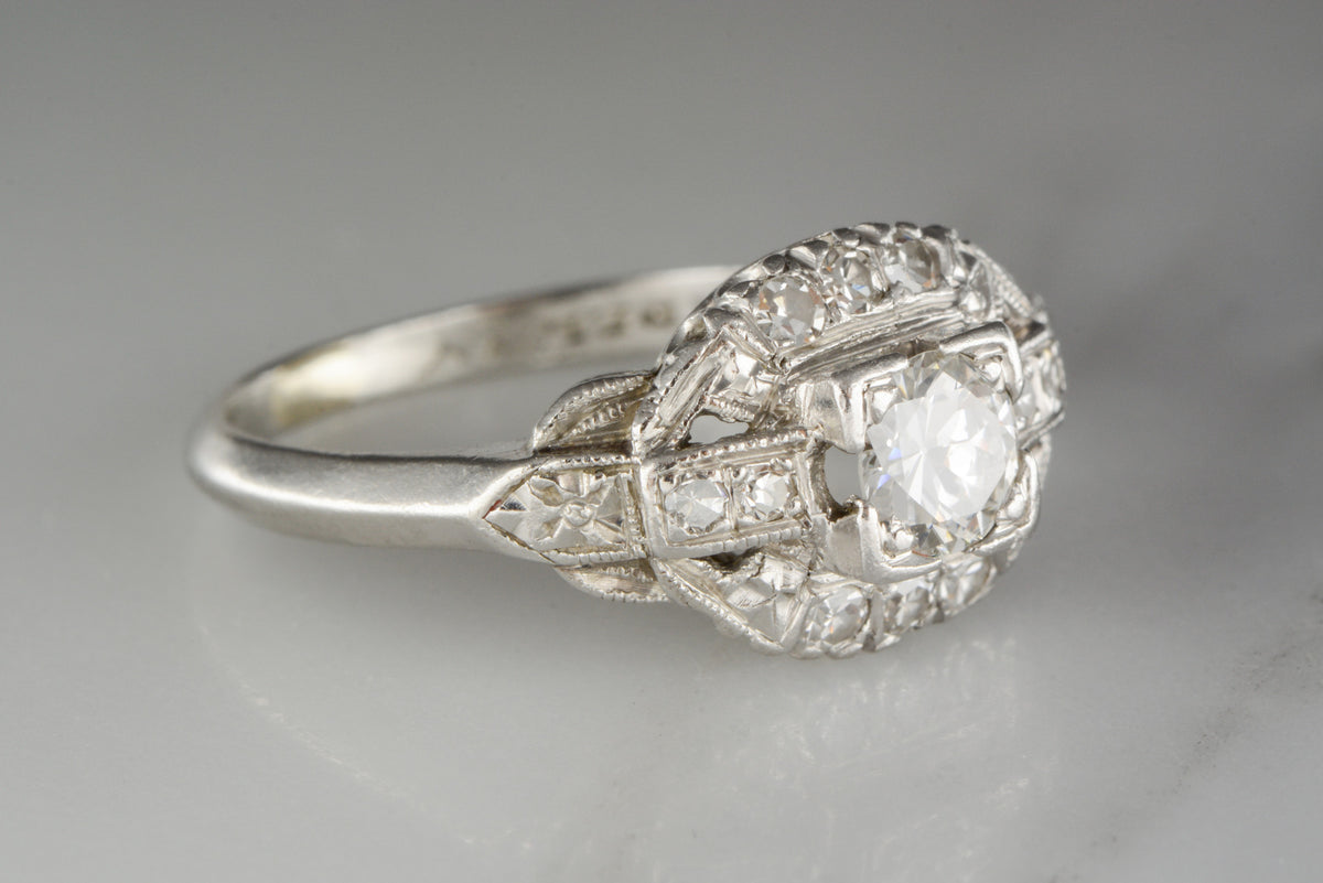 Platinum Art Deco Engagement, Anniversary, or Cocktail Ring with Old European Cut Diamond Center and Diamond Accents