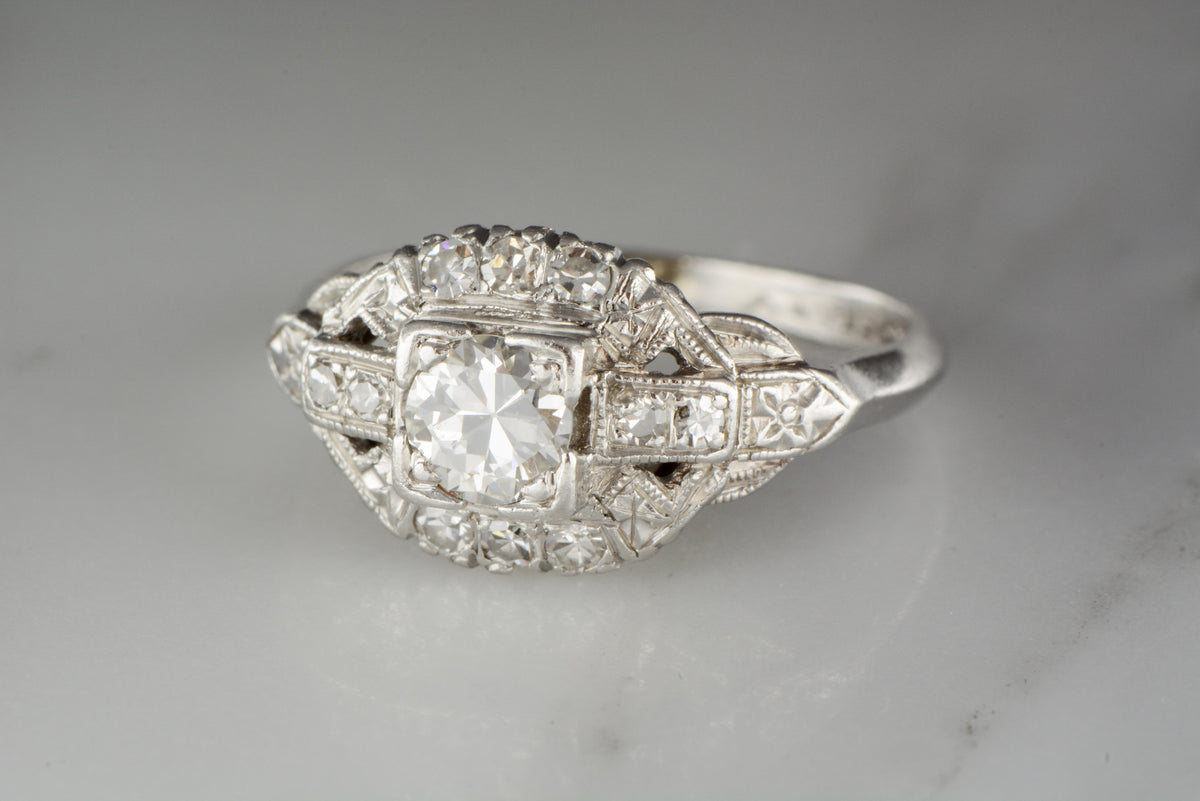 Platinum Art Deco Engagement, Anniversary, or Cocktail Ring with Old European Cut Diamond Center and Diamond Accents