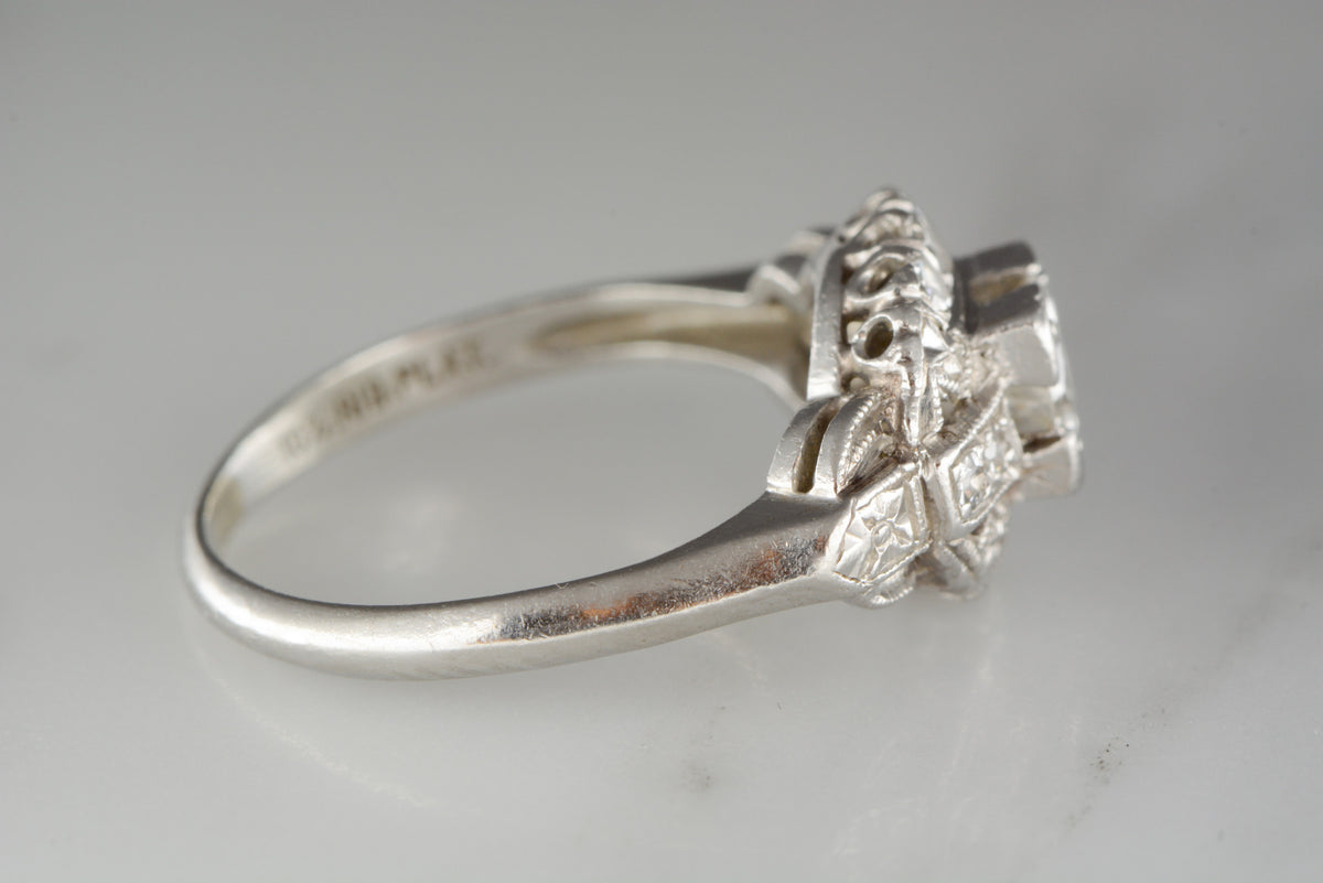 Platinum Art Deco Engagement, Anniversary, or Cocktail Ring with Old European Cut Diamond Center and Diamond Accents