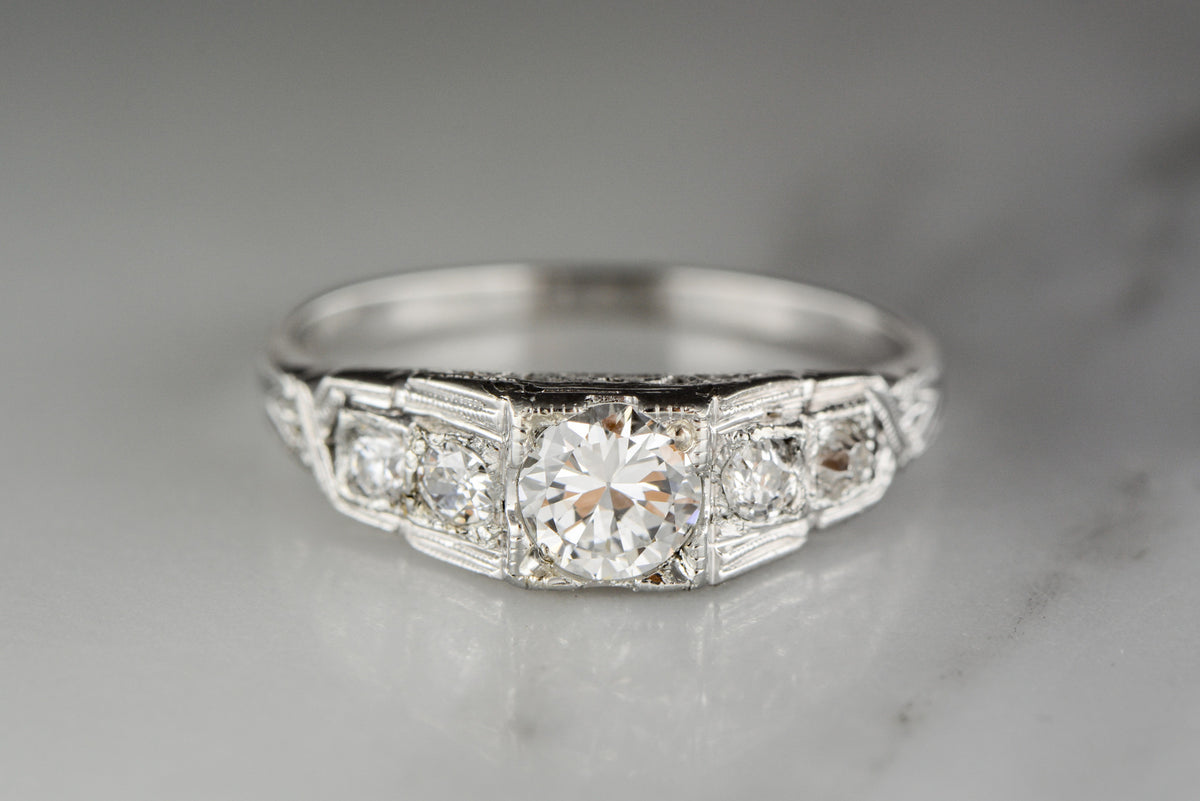 .50 Carat Late Old European Cut Diamond in 18K White Gold Art Deco Engagement Ring with .12 Carats Diamond Accents