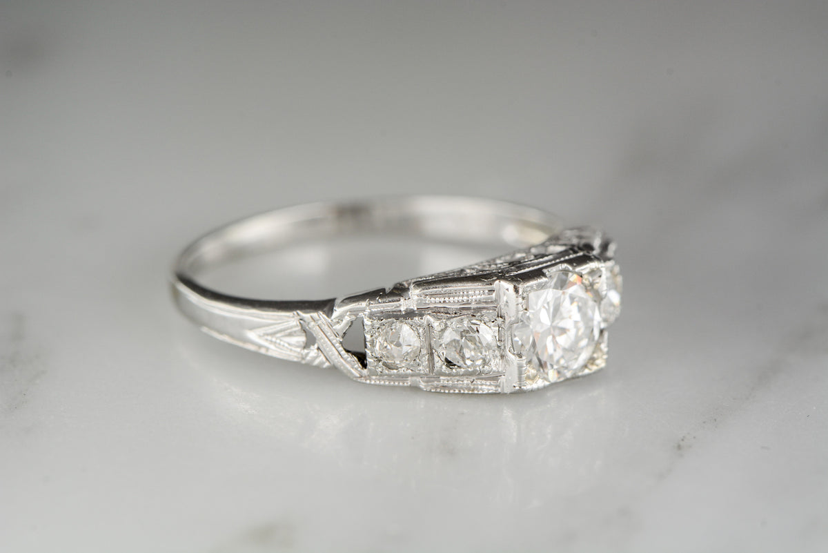 .50 Carat Late Old European Cut Diamond in 18K White Gold Art Deco Engagement Ring with .12 Carats Diamond Accents