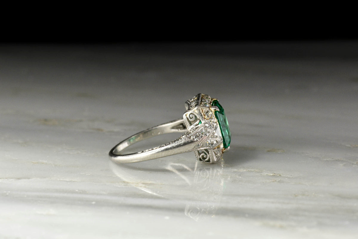 c. 1920s Emerald Ring with Ornate Open Filigree