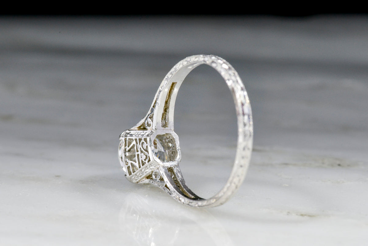 Ornate Edwardian Platinum Engagement Ring with a 1.01 Carat Old European Cut Diamond