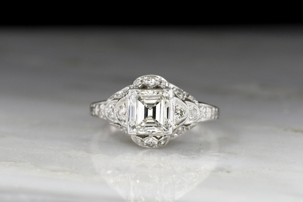Ornate Edwardian Engagement Ring with a Square Emerald Cut Diamond Center