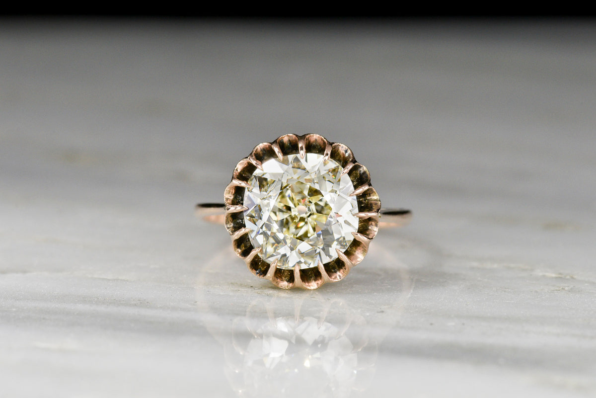 Victorian Rose Gold Buttercup Solitaire with a Spready Antique Cushion Cut Diamond Crown