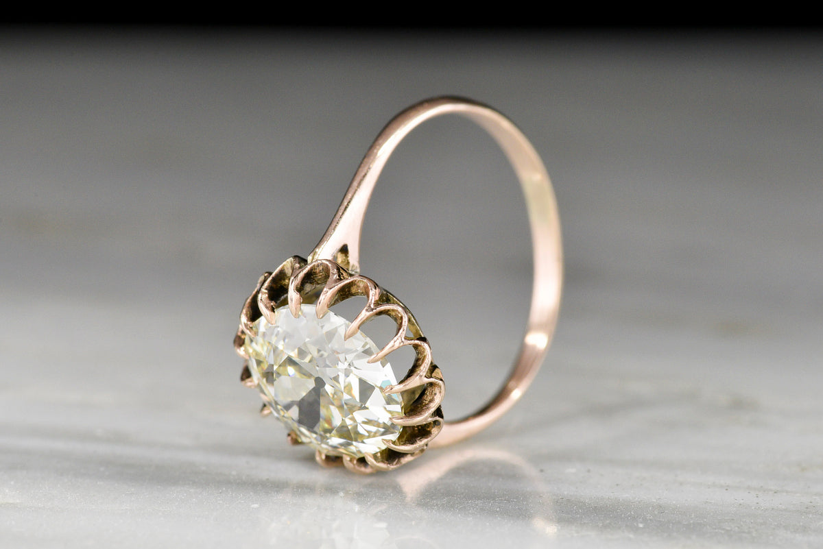 Victorian Rose Gold Buttercup Solitaire with a Spready Antique Cushion Cut Diamond Crown