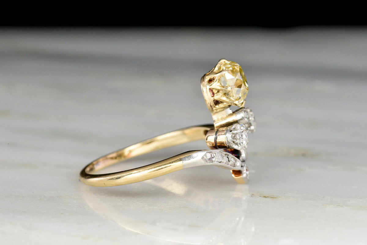 Belle Époque Tiara Ring with a Fancy Warm-Yellow Old Mine Cut Diamond