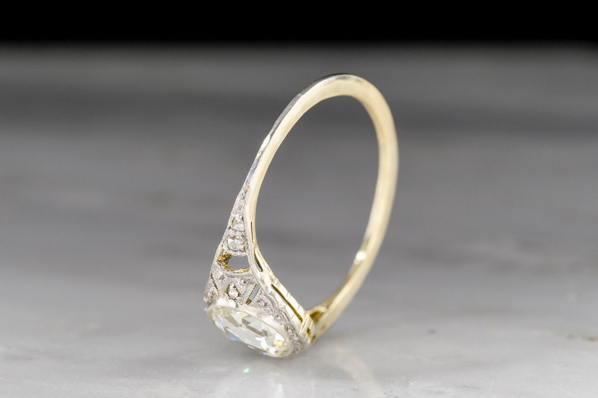 Belle Époque Gold and Platinum Ring with a Round Rose Cut Diamond Center