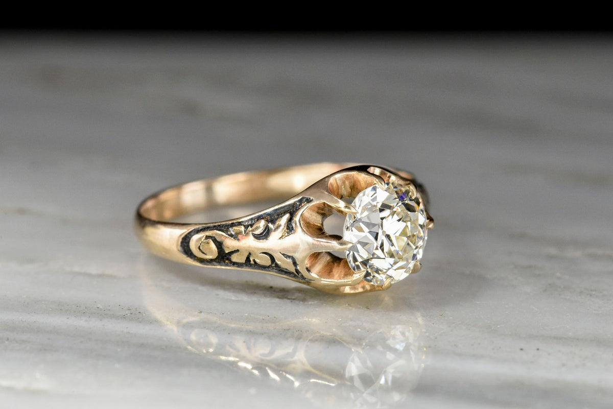 Mid-Late 1800s Victorian Belcher Engagement Ring with Engraved Shoulders