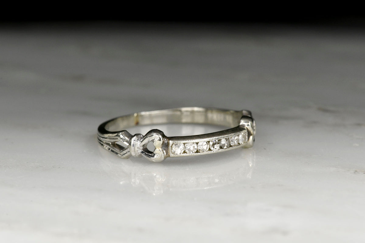 Vintage Mid Century White Gold Wedding or Stacking Band with Ornamented Shoulders