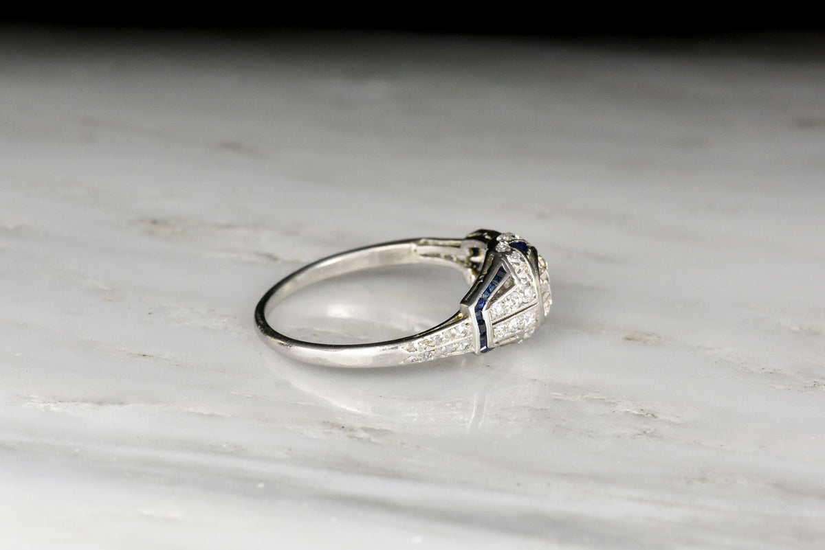 Art Deco Diamond and Sapphire Ring with a Transitional Cut Diamond Center