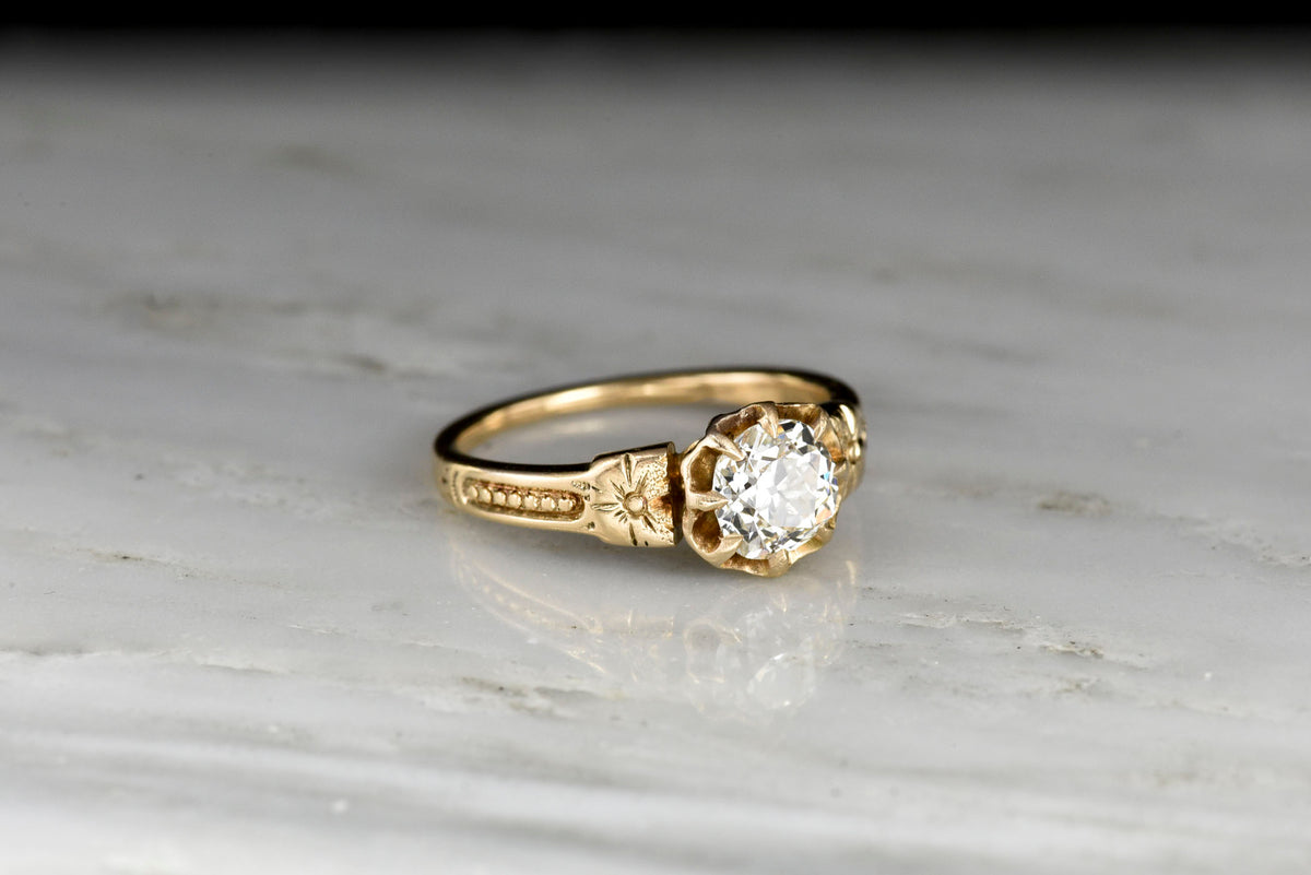 Late Victorian Eight-Prong Buttercup Solitaire with a GIA .87 Carat Old European Cut Diamond