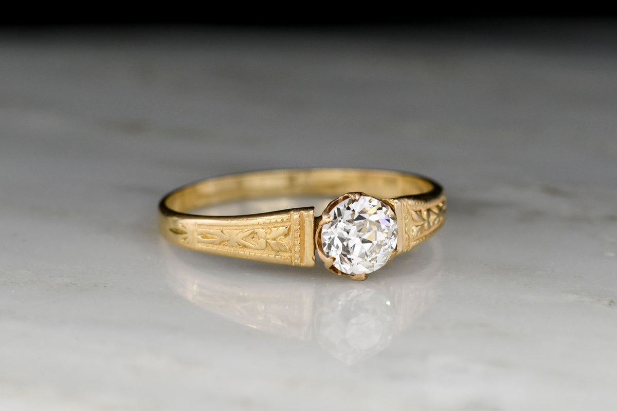 c. 1900s Post-Victorian Six-Prong Solitaire Engagement Ring with Engraved Shoulders