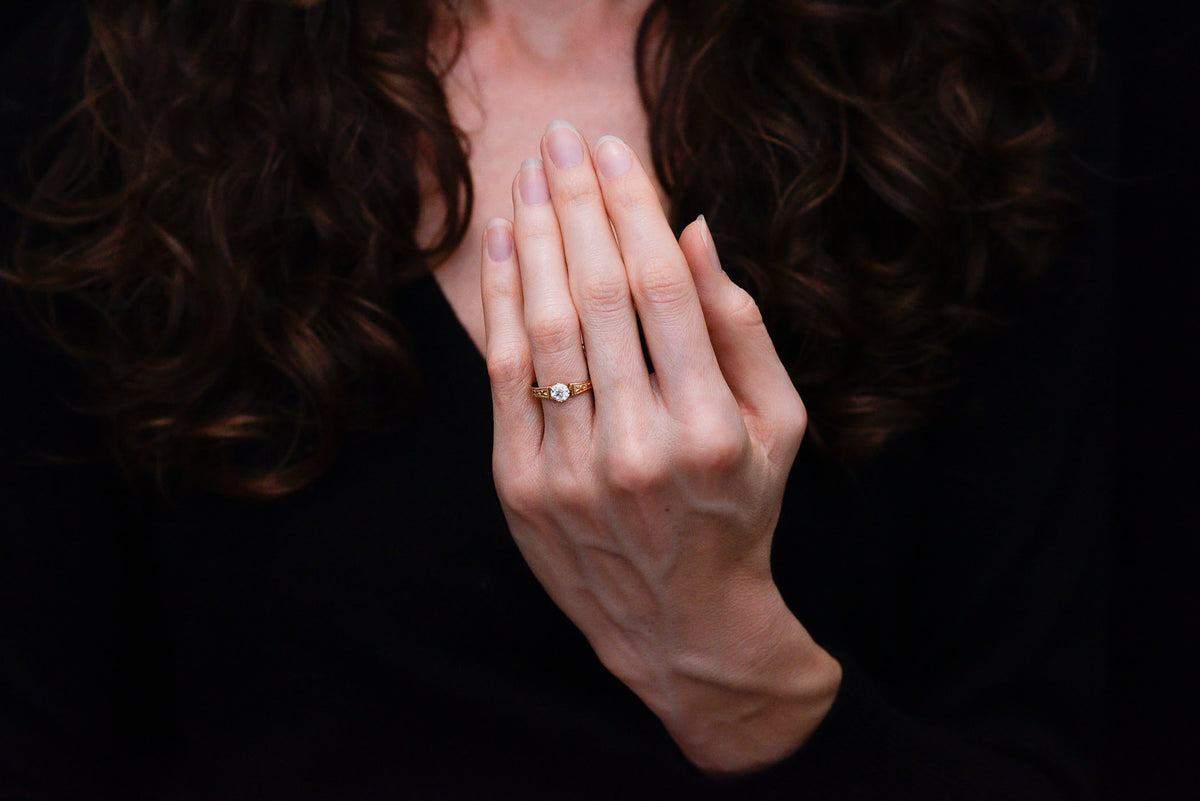 c. 1900s Post-Victorian Six-Prong Solitaire Engagement Ring with Engraved Shoulders