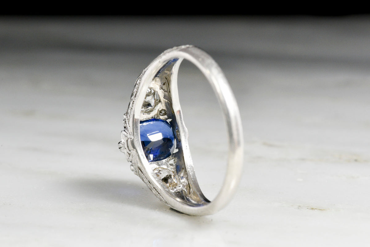 Early 1900s Edwardian &quot;Beattie &amp; Sons&quot; Oval Cut Sapphire, Diamond, and Platinum Ring