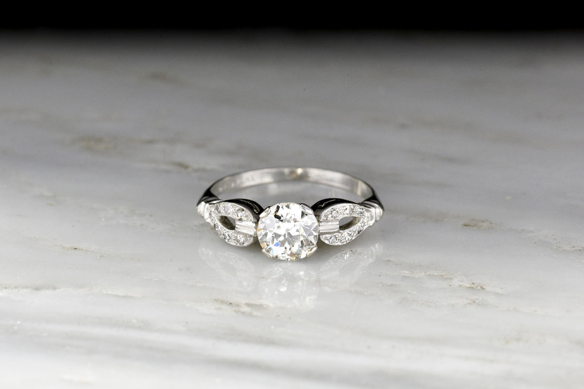 Late Art Deco/ Mid Century Platinum Engagement Ring with &quot;Buckle-and-Clasp&quot; Shoulders