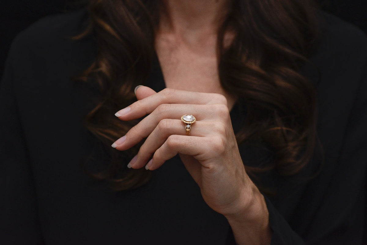Belle Époque Antique Rose Cut Diamond Ring with a Neoclassical Laurel Halo