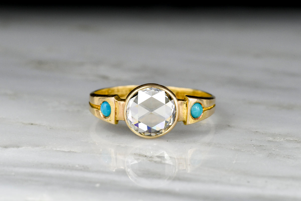 1865 Birmingham 15K Gold and Turquoise Engagement Ring with a Round Rose Cut Diamond Center