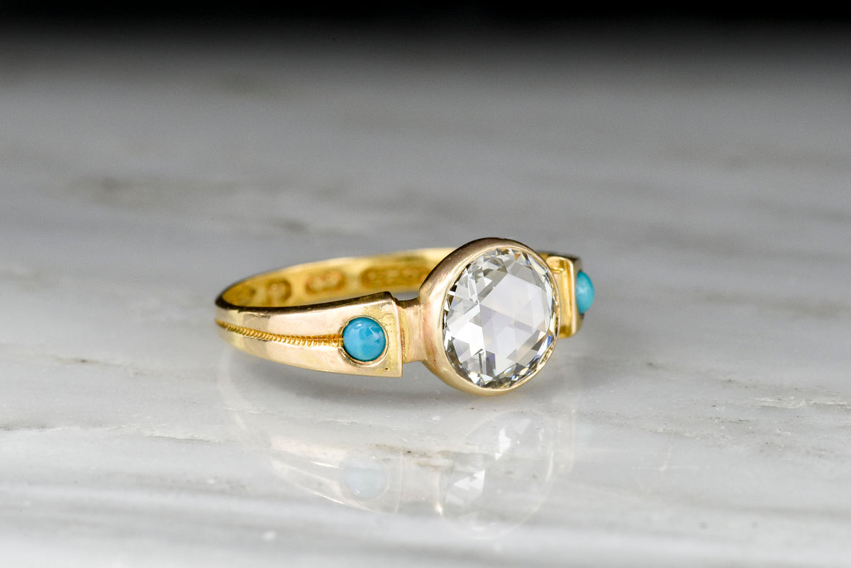1865 Birmingham 15K Gold and Turquoise Engagement Ring with a Round Rose Cut Diamond Center