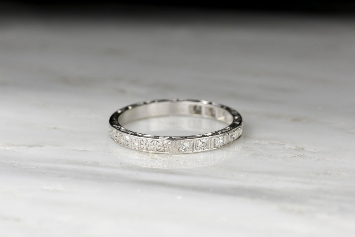 1923 Edwardian / Art Deco Platinum and Diamond Band with Hand-Engraved Orange Blossoms