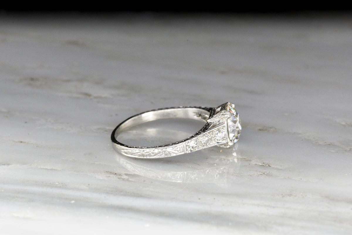 Ornate Edwardian Platinum Engagement Ring with a GIA Old European Cut Diamond Center