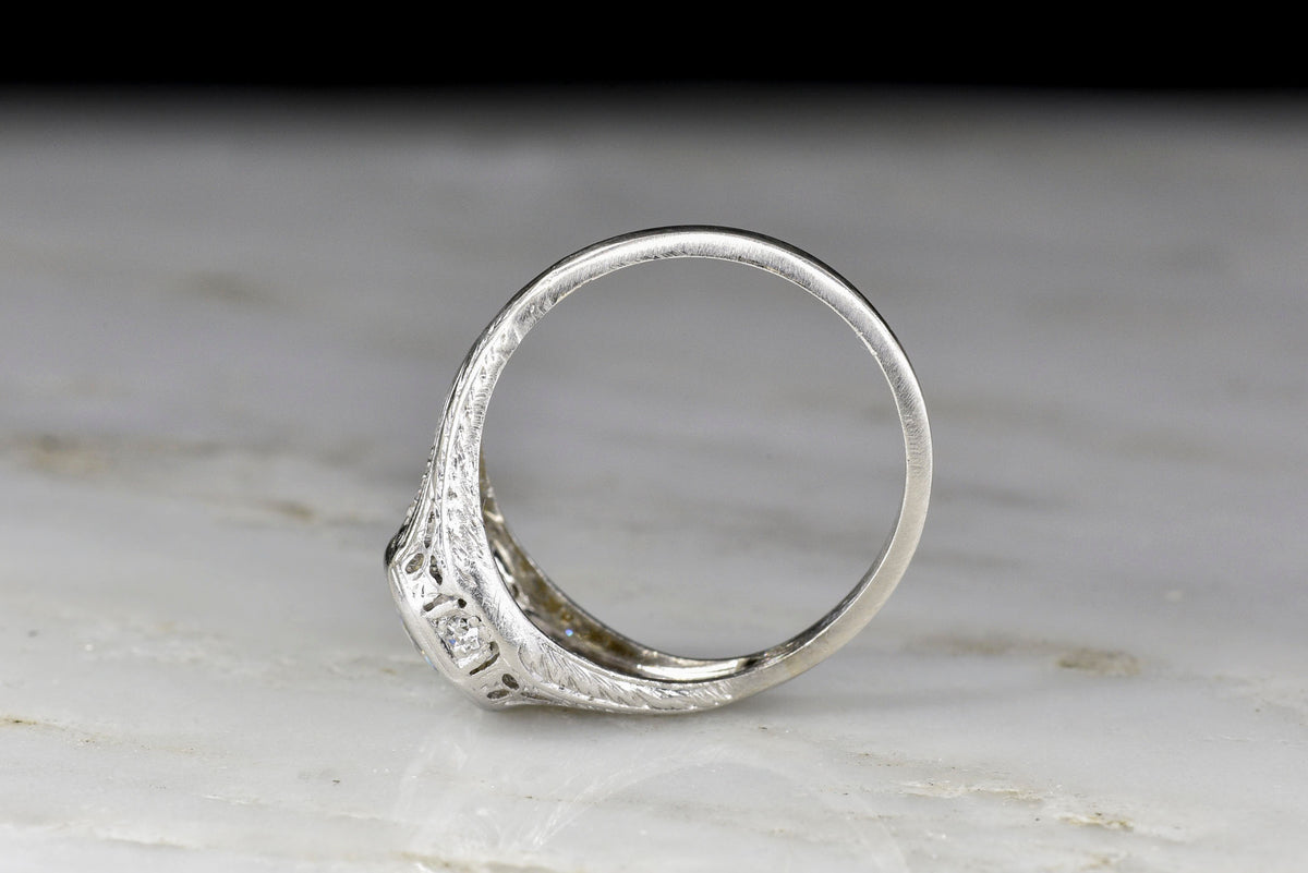 Ornate Late Edwardian Engagement Ring with Ornate Platinum Work and Hand Engraving