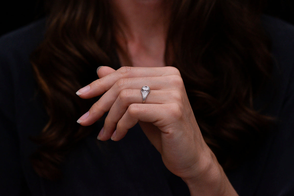 Ornate Late Edwardian Engagement Ring with Ornate Platinum Work and Hand Engraving