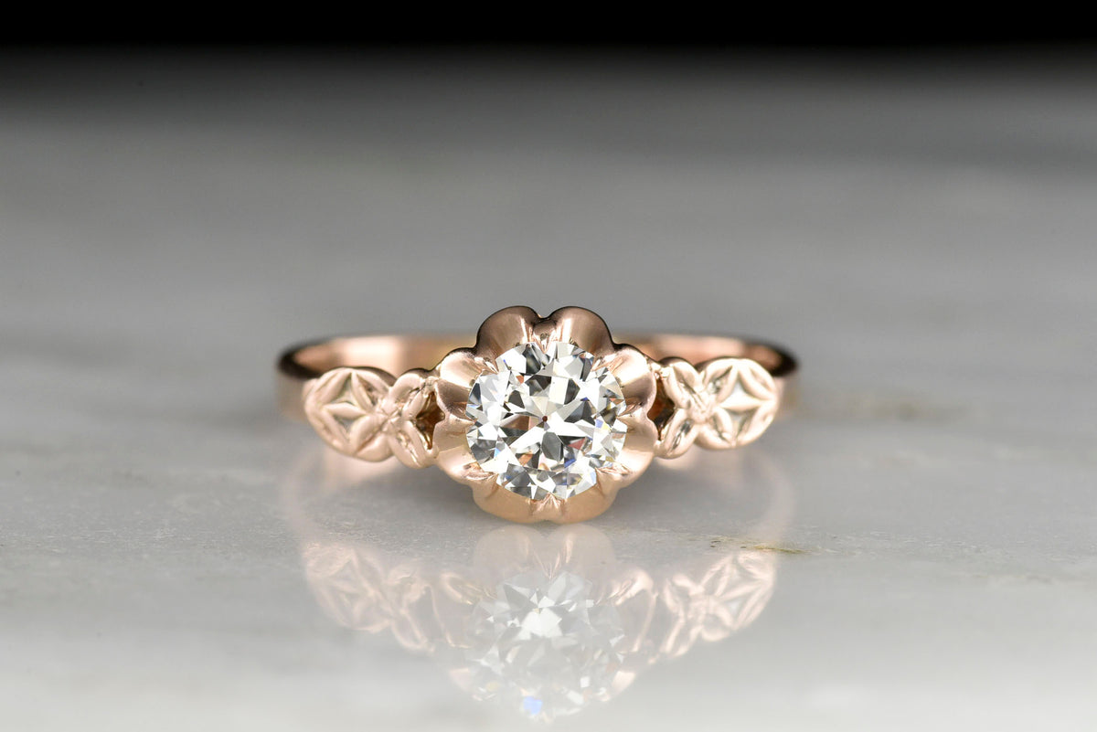 Victorian Buttercup Ring with Floral Shoulders and a Transitional Cut Diamond Center