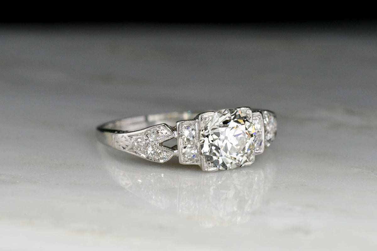 c. 1920s Post-Edwardian Engagement Ring with a 1.21 Carat Transitional Cut Diamond Center