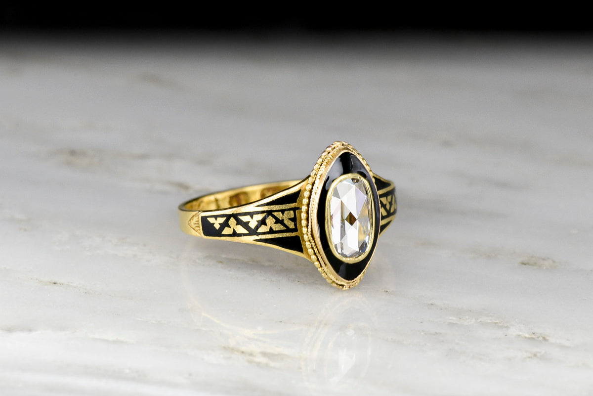 Victorian (1883) Mourning Ring / Unique Engagement Ring with an Oval Rose Cut Diamond Center