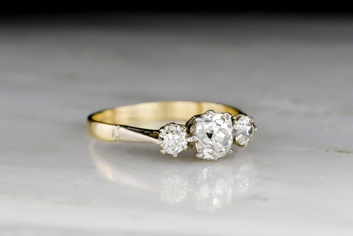 Vintage Gold and Platinum Three-Stone Old Mine Cut and Old European Cut Diamond Ring