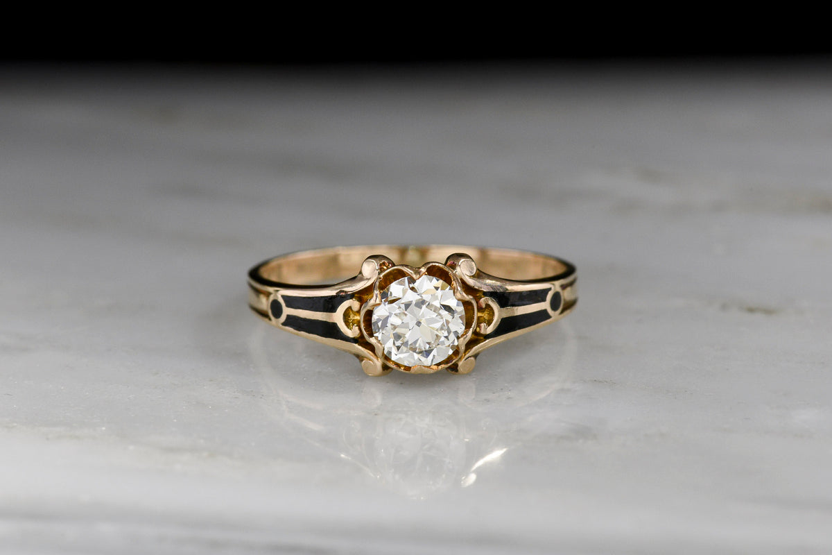 Victorian Gold and Black Enamel Diamond Ring with a Subtle Buttercup Basket