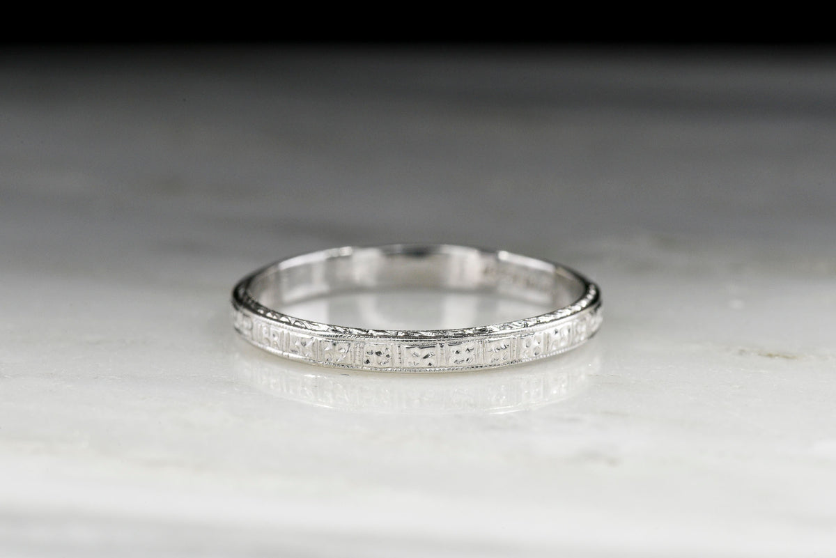 Early Art Deco Era Platinum Wedding Band with a Hand-Engraved Eternity Pattern