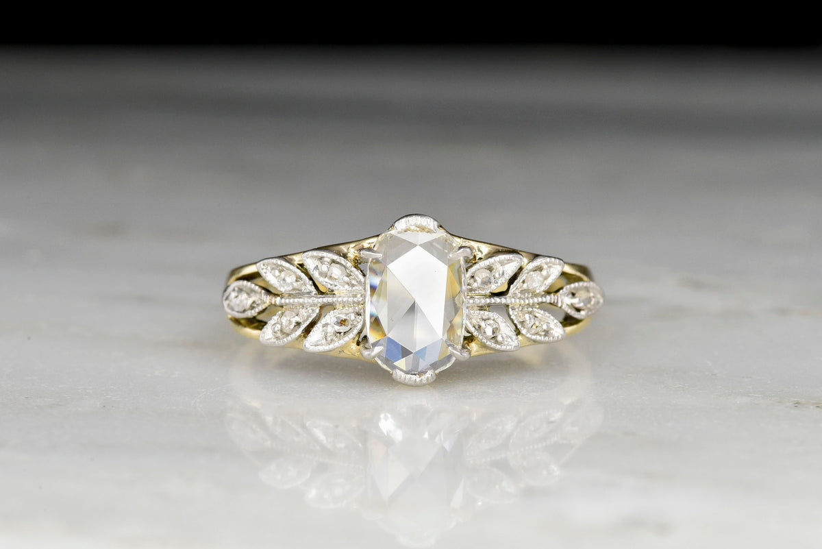 Belle Époque Gold and Platinum Ring with Branch-and-Leaf Shoulders