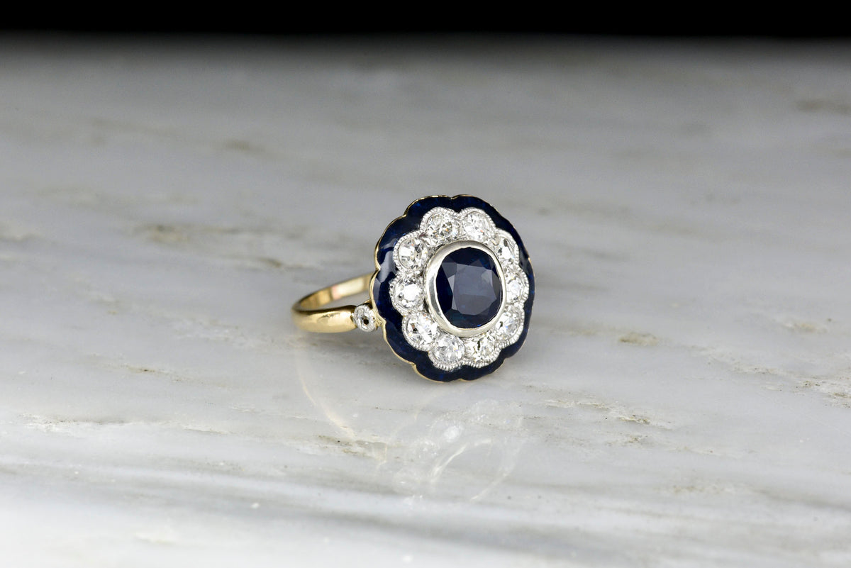 Stunning Antique Victorian Old Cut Diamond, Sapphire, and Blue Enamel Cluster Ring