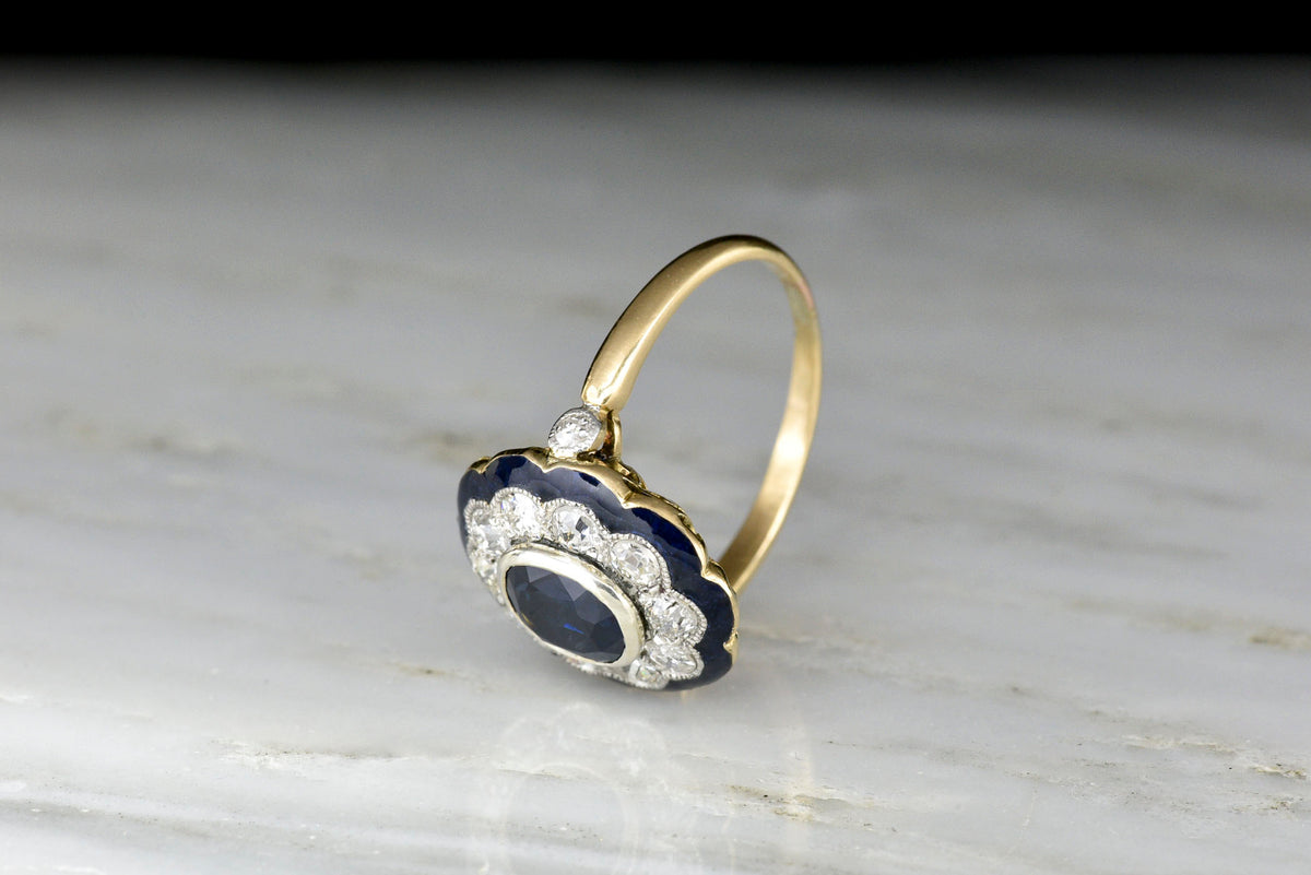 Stunning Antique Victorian Old Cut Diamond, Sapphire, and Blue Enamel Cluster Ring