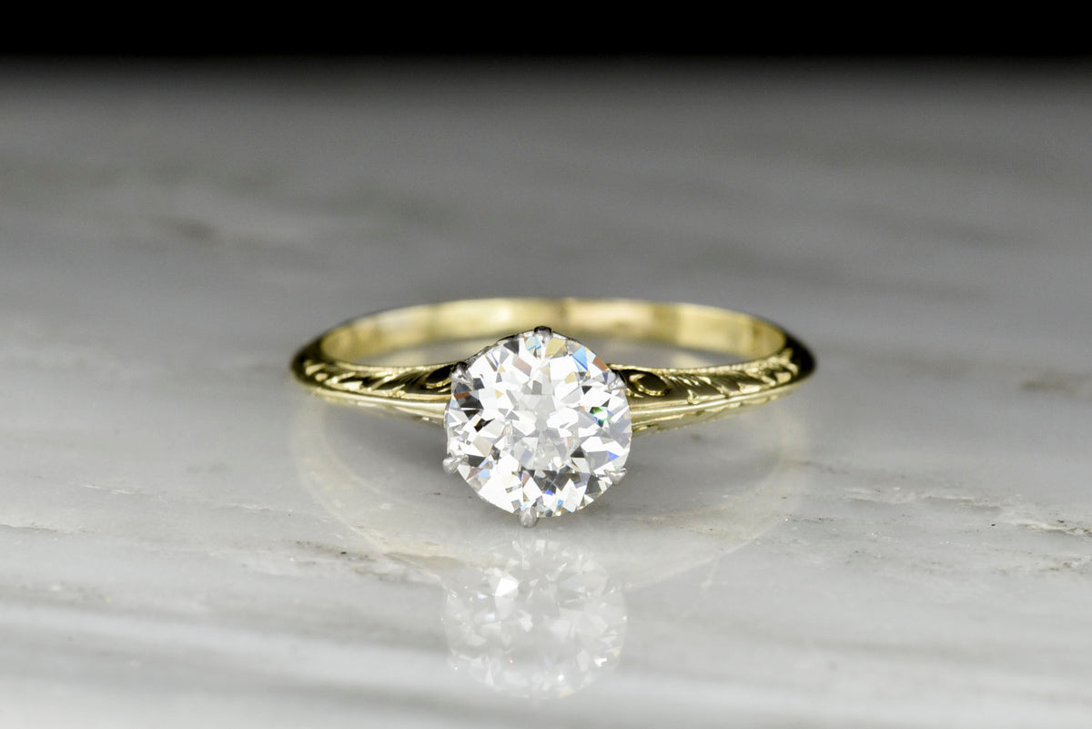 c. 1900 Green Gold and Platinum Old European Cut Diamond Solitaire Engagement Ring
