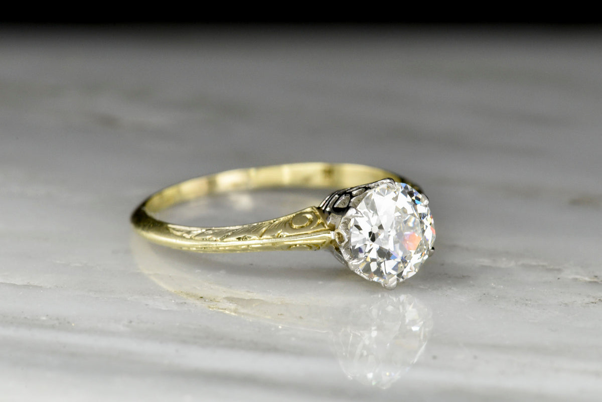 c. 1900 Green Gold and Platinum Old European Cut Diamond Solitaire Engagement Ring