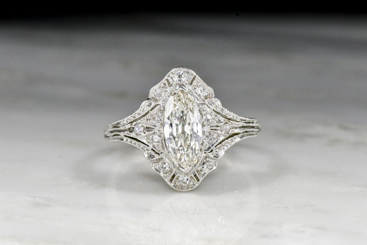 c. 1920s Platinum and Moval Cut Diamond Dinner Ring