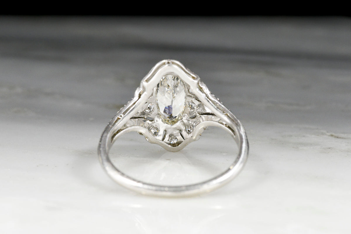 c. 1920s Platinum and Moval Cut Diamond Dinner Ring