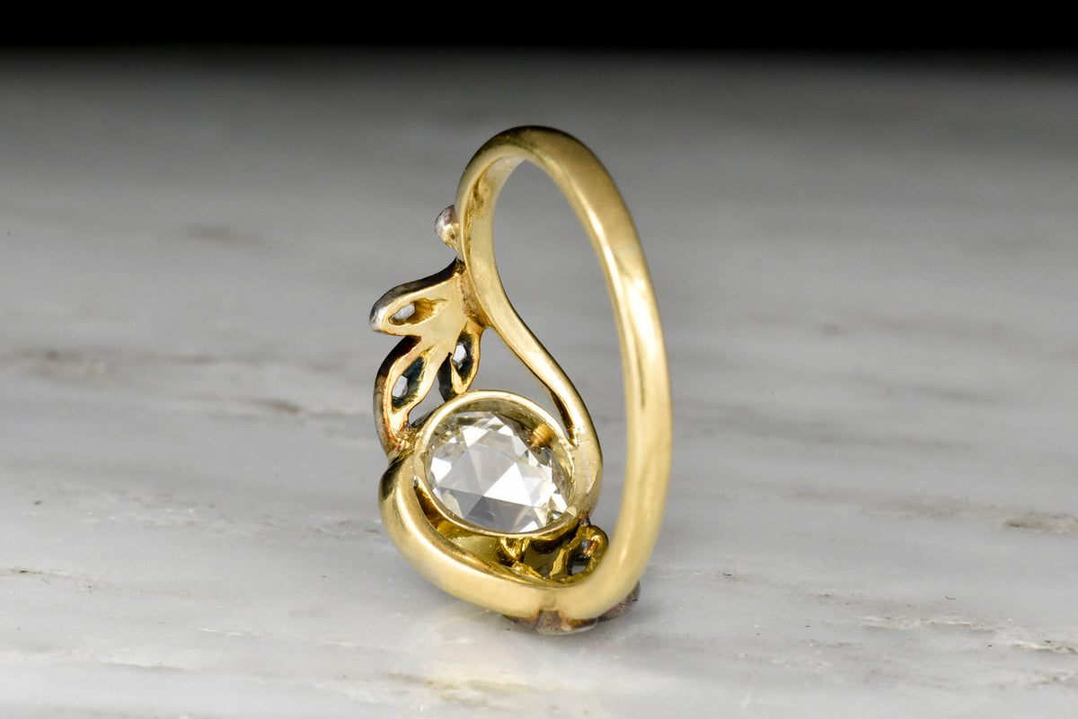 Victorian / Art Nouveau 18K Gold and Silver Ring with a Rose Cut Diamond Center