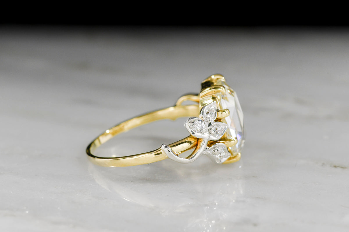 Early Edwardian / Belle Époque Cushion Rose Cut Diamond Ring with Platinum Ivy Shoulders