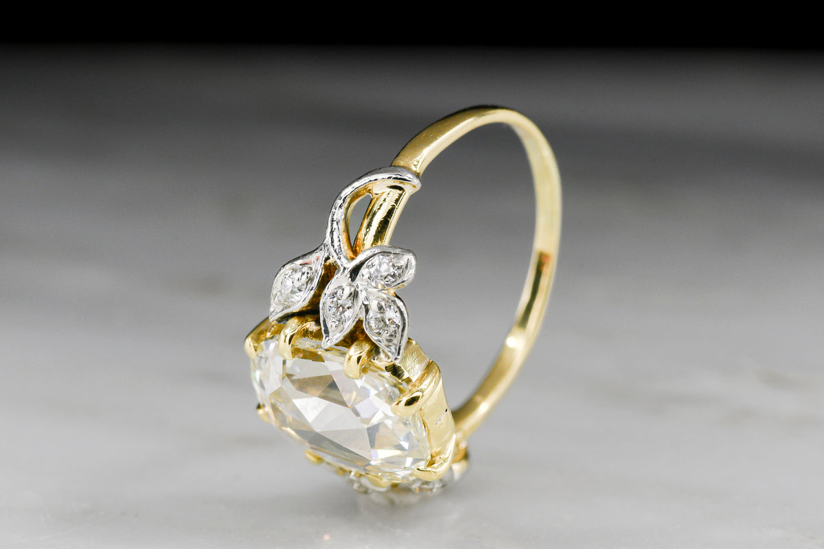 Early Edwardian / Belle Époque Cushion Rose Cut Diamond Ring with Platinum Ivy Shoulders