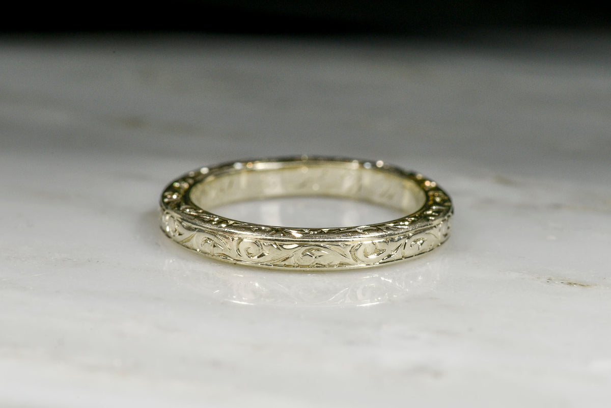 WWI (Dated 1917) Unplated White Gold Wedding Band with Hand Engraving