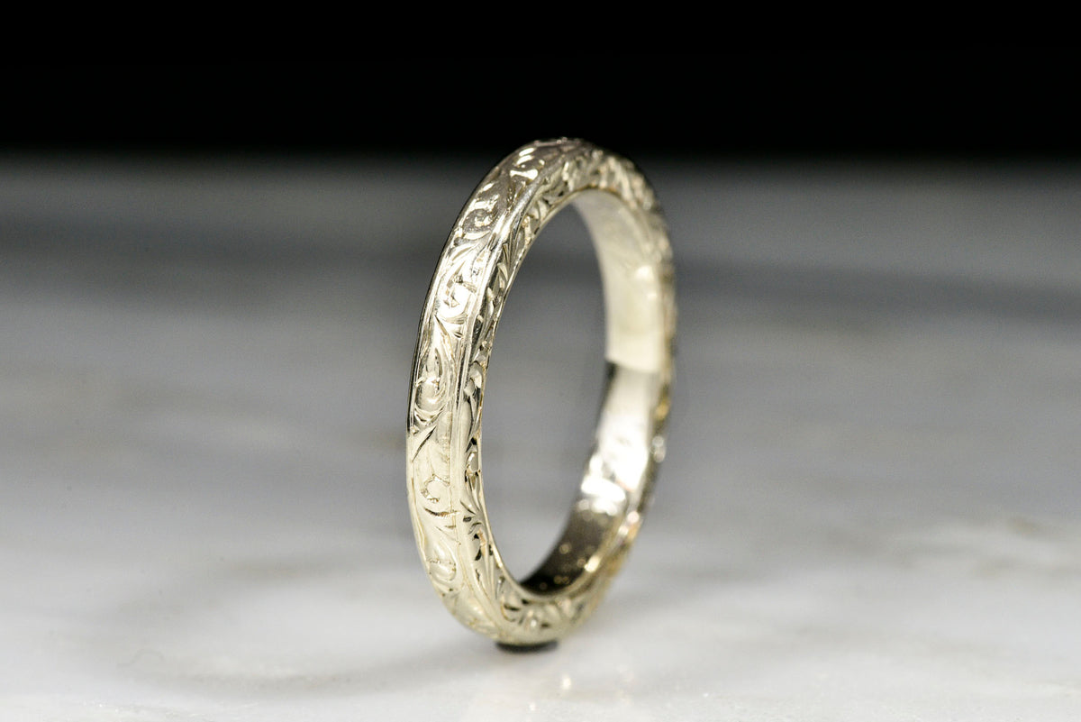 WWI (Dated 1917) Unplated White Gold Wedding Band with Hand Engraving