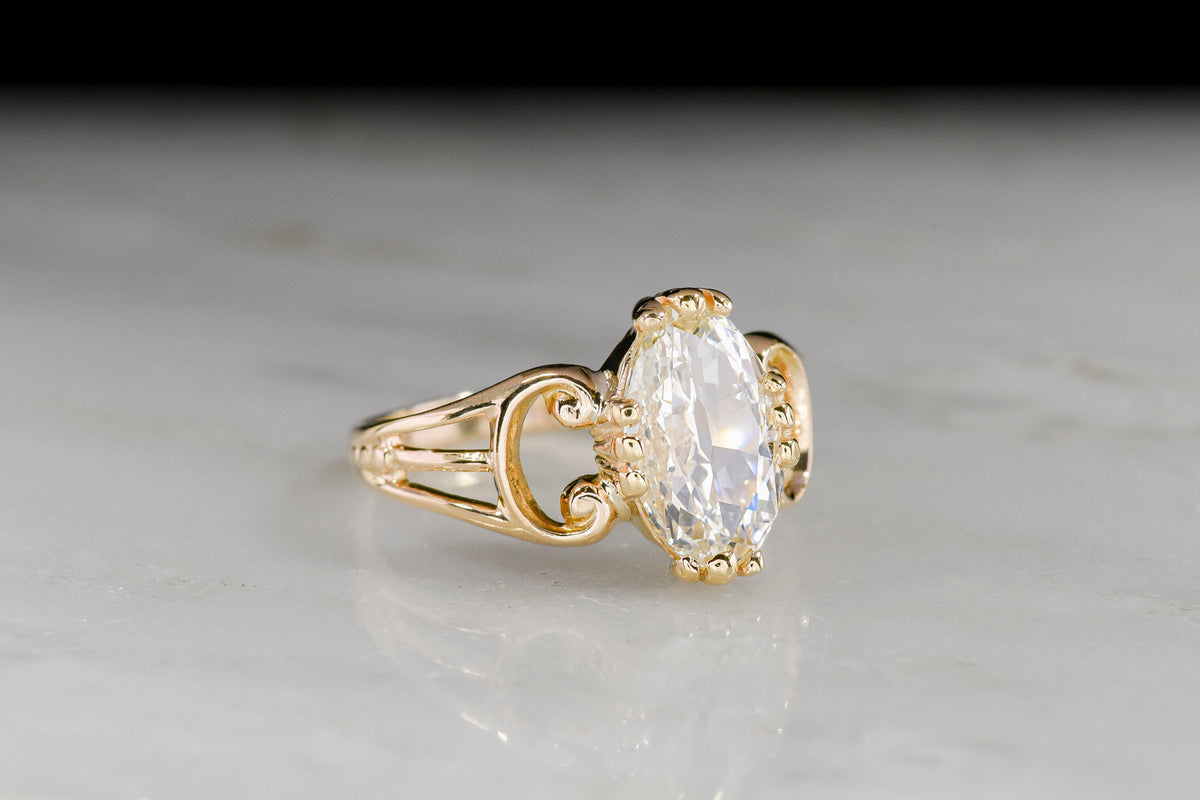 c. 1900s Arts &amp; Crafts Gold Engagement or Right-Hand Ring with a &quot;Moval&quot; Cut Diamond