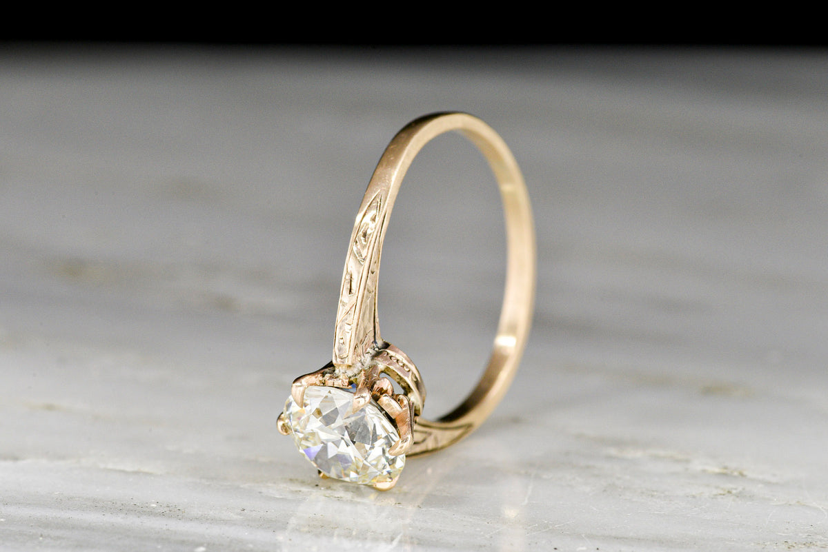 c. Early 1900s Post-Victorian Six-Prong Gold Solitaire Engagement Ring with a 1.63 Carat Diamond Center